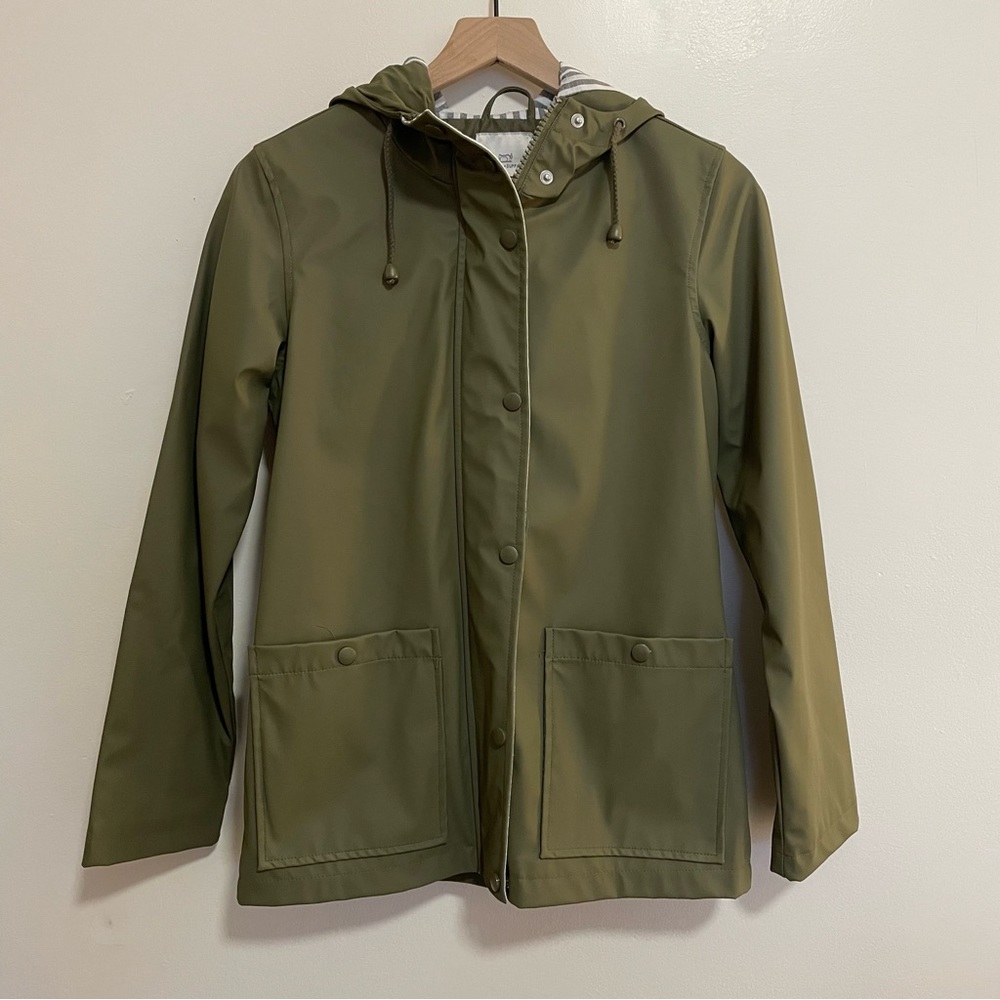 Thread and Supply Womens Raincoat Size S Olive Pockets Striped Lining Hood